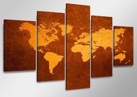 Schilderij - Wereldkaart, Bruin/Oranje, 160X80cm, 5luik