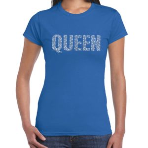 Glitter Queen t-shirt blauw rhinestones steentjes voor dames - Glitter shirt/ outfit