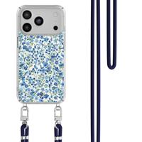 iPhone 17 Pro hoesje met donkerblauw koord - Vintage blue floral
