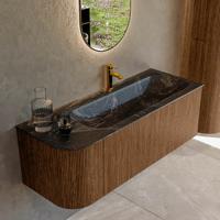 Mondiaz KURVE-DLUX 125 cm Onderkast Greeploos 1 Lade Met Deuren Walnut, Wastafel Solid Surface Rechts Lava 1 Kraangat Zonder Spiegel (KRVBGM125L1L1D1KR-Wal/Lav)