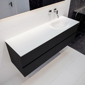 Mondiaz Vica Moon badmeubel zwart mat 150 cm 4 lades solid surface enkele spoelbak rechts zonder kraangat