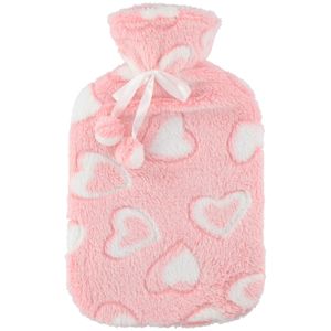 Warmwaterkruik 2 liter met zachte fleece hoes roze/hartjes