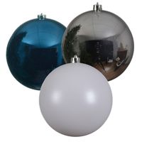 3x stuks grote kerstballen van 20 cm glans van kunststof zilver blauw en wit - thumbnail