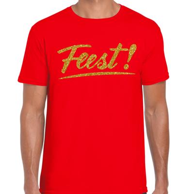 Party T-shirt heren - rood - Feest! - glitter goud - Glitter en Glamour - thema feest