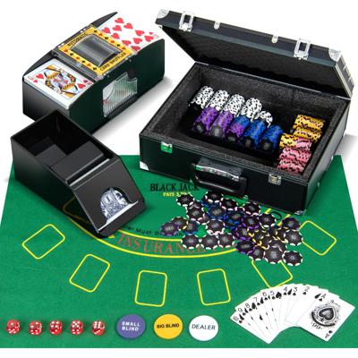 Poker Chips Set Spel Poker Chips met 300 Chips 2 Decks Kaarten 5 Dobbelstenen en 3 Dealer Knoppen Poker Vilt Automatische Kaartenschudder