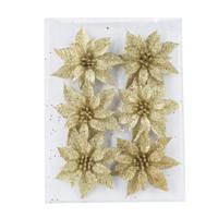 Kersthangers - 6x - bloemen ijzerdraad - glitter - goud - Decoratiebloemen - kerstboomversiering