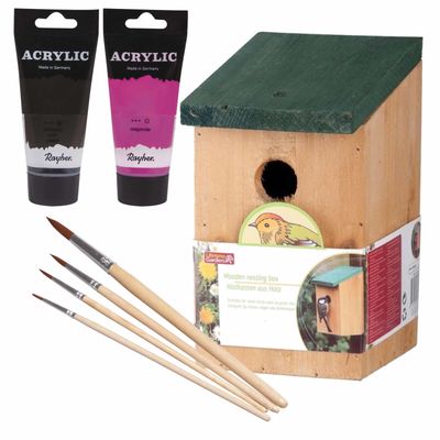 Houten vogelhuisje/nestkastje 22 cm - zwart/roze DHZ schilderen pakket