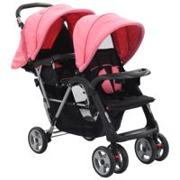 VidaXL Kinderwagen dubbel staal roze en zwart - thumbnail