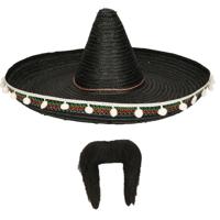 Carnaval verkleed set - Mexicaanse sombrero hoed met plaksnor - zwart - heren - thumbnail