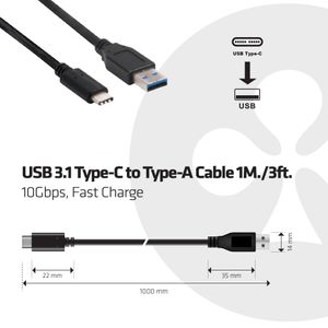 CLUB3D USB 3.1 Type-C to Type-A Cable Male/Male 1Meter 60Watt