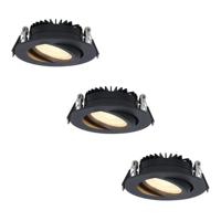 Set van 3 Rome LED inbouwspots - Kantelbaar - IP44 waterdicht - 6 Watt 500 lumen - 2700K warm wit - Lage inbouwdiepte 27mm - Dimbaar - Rond - Zwart - Voor binnen en buiten