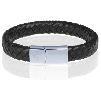 Memphis gevlochten leren armband Zwart Zilver-17cm
