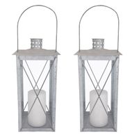 Set van 2x stuks zilveren tuin lantaarn/windlicht van zink 17,2 x 17,2 x 36,5 cm