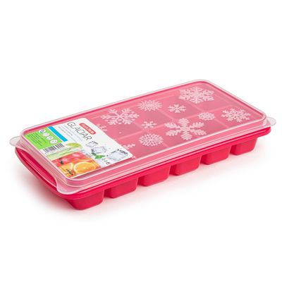 Tray met ijsblokjes/ijsklontjes vormpjes 12 vakjes kunststof roze met deksel