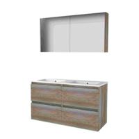 Basic-Line Comfort 46 Badkamermeubelset - 120 x 46 cm - Greeploos - 4 Lades - Keramische Wastafel - 2 Kraangaten - Spiegelkast - Scotch Oak