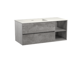 Storke Edge zwevend badmeubel 120 x 52 cm beton donkergrijs met Mata asymmetrisch linkse wastafel in mat witte solid surface