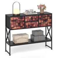 Consoletafel Haltafel met 4 Stoffen Lades Plank & Metalen Frame Salontafel met Houten Mozaïekpatroon Haltafel voor Kleine Ruimtes Smalle Bijzettafel voor Hal Gang & Woonkamer