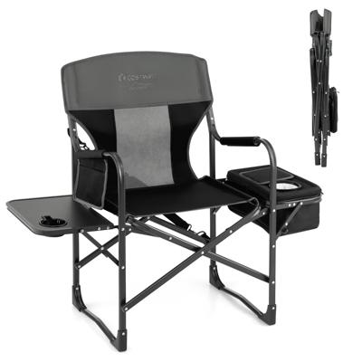 Campingstoel met Zijtafel Koeltas en Opbergtas Inklapbare Visstoel Draagbare Regiestoel Klapstoel Zwart+Grijs