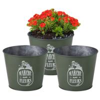 Plantenpot/bloempot voor buiten - 3x - zink - legergroen - D17 x H14 cm