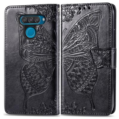 Butterfly Love bloemen reliëf horizontale Flip lederen case voor LG q60 met houder & kaartsleuven & portemonnee & Lanyard (zwart)