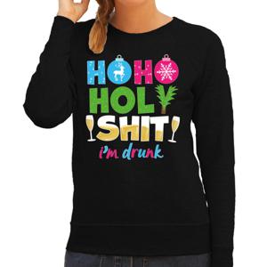 Foute Kersttrui/sweater voor dames - hohoholy shit - dronken - zwart - hilarische kerst