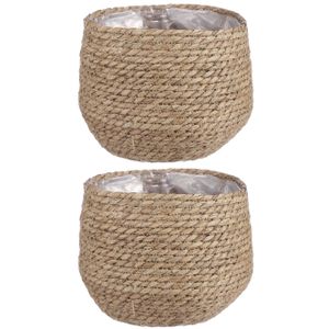 2x stuks naturel beige rotan planten pot mand van gedraaid jute/riet H19 en D22 cm