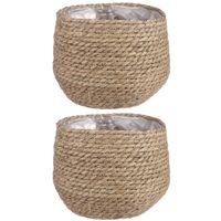 2x stuks naturel beige rotan planten pot mand van gedraaid jute/riet H19 en D22 cm