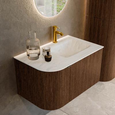 Badmeubel Mondiaz Kurve-Dlux | 75 cm | Meubelkleur Walnut | Wastafelkleur Opalo | Solid surface | Rechts spoelbak | 1 kraangat