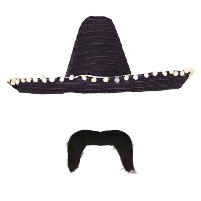 Carnaval verkleed set - Mexicaanse sombrero hoed met plaksnor - zwart - heren