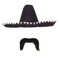 Carnaval verkleed set - Mexicaanse sombrero hoed met plaksnor - zwart - heren