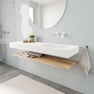 Mondiaz Alan badmeubel 150 cm planchet washed oak vrijhangend wastafel rechts zonder kraangat wit