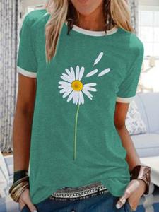 Round neck casual daisy printed short-sleeved T-shirt