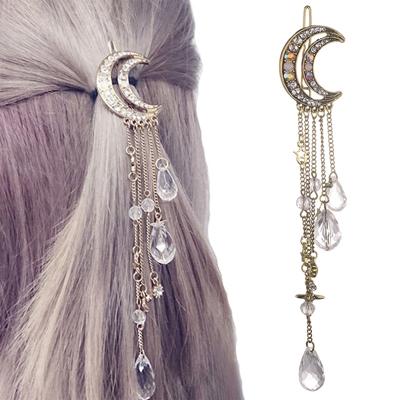 Mode elegante vrouwen Lady Moon Rhinestone Crystal kwastje lange ketting kralen Dangle haar haar clip haar sieraden (brons)