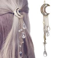 Mode elegante vrouwen Lady Moon Rhinestone Crystal kwastje lange ketting kralen Dangle haar haar clip haar sieraden (brons)