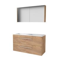 Basic-Line Comfort 46 Badkamermeubelset - 120 x 46 cm - Met Grepen - 2 Lades - Acryl Wastafel - 2 Kraangaten - Spiegelkast - Whisky Oak