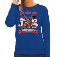 Foute Kersttrui/sweater voor dames - We wish you - blauw - kerst dieren - kerst cadeau