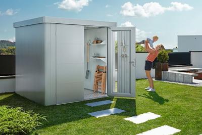 Biohort Metalen tuinhuis Neo - Dubbele deur - Kwartsgrijs - 2B (236x236 cm)- Plat dak- Metaal- Biohort