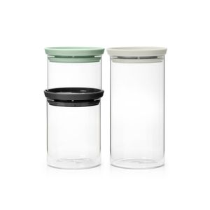 Brabantia Glazen voorraadbussen stapelbaar, set van 0,3-0,6-1,1 liter - Light Grey, Dark Grey en Jade Green