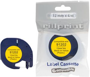 Rillprint compatible LetraTAG tape voor Dymo 91202, 12 mm, plastic, geel