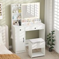 Make-up Tafel met Kruk & LED-spiegel & Stopcontacten Kaptafel-set Cosmetische Tafel Wit