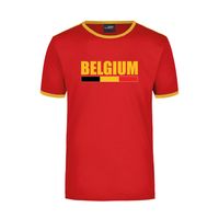 Belgium supporter rood / geel ringer t-shirt Belgie met vlag voor heren - thumbnail