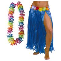 Hawaii verkleed hoela rokje en bloemenkrans met led - volwassenen - blauw - tropisch themafeest - thumbnail