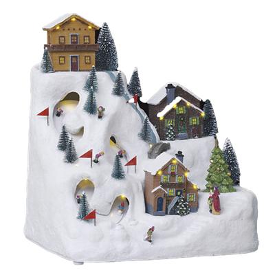 Kerstdorp kerst tafereel - skipiste - met verlichting, muziek, beweging - 34,5 cm - polyresin