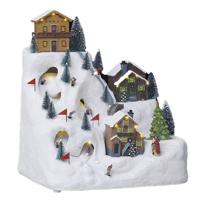 Kerstdorp kerst tafereel - skipiste - met verlichting, muziek, beweging - 34,5 cm - polyresin