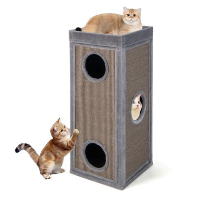 4-Verdiepingen Kattenhuis 99 cm Hoge Kattencondominium met Krabpaal 3 Schuilplaatsen Grijs