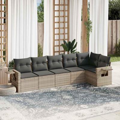 6-delige Loungeset met kussens poly rattan lichtgrijs