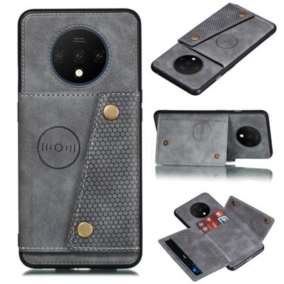 Voor OnePlus 7T schokbestendige magnetische PU + TPU beschermhoes met kaartsleuven (grijs)