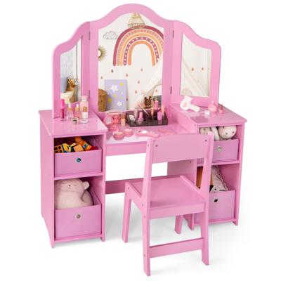 Kaptafel & Stoel Set voor Kinderen 2-In-1 Kaptafel Set met 3 Afneembare Spiegels 4 Opbergbakken Make-Up Tafel & Stoel voor Kinderen 3+-Roze