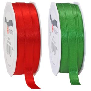 2x rollen satijn sierlint/cadeaulint - groen en rood - 1 cm x 25m p/rol