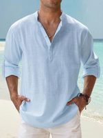 Plain bamboo cotton Color Casual Stand Collar Long Sleeve Shirt - thumbnail